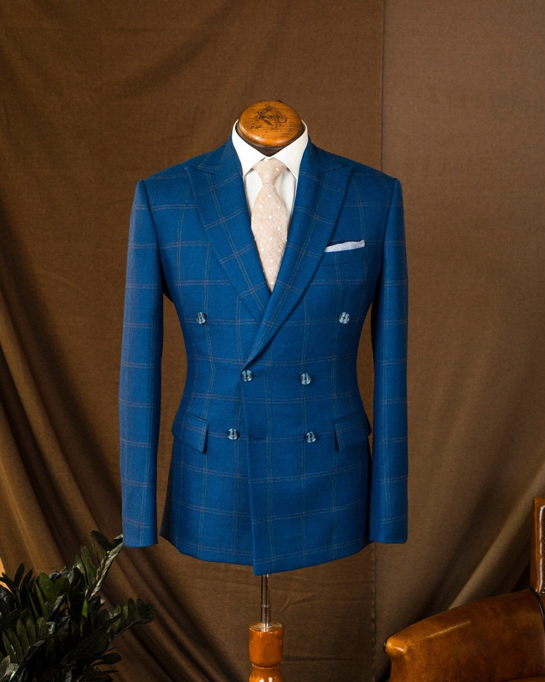 Blue and gold checkered full canvassed bespoke tailored, Double breasted suit for men. Custom tailoring in bangalore